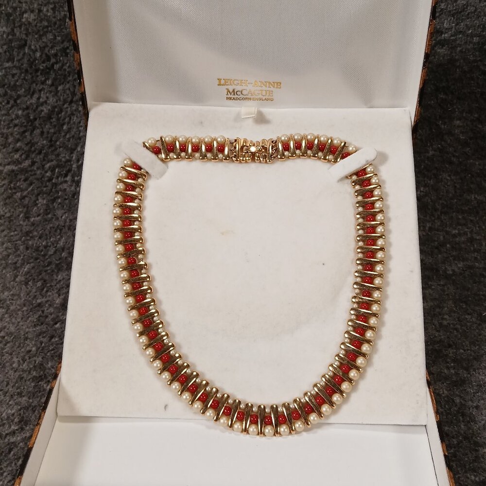 Vintage Leigh-Anne McCague Red & Pearl Statement Necklace — England, Boxed